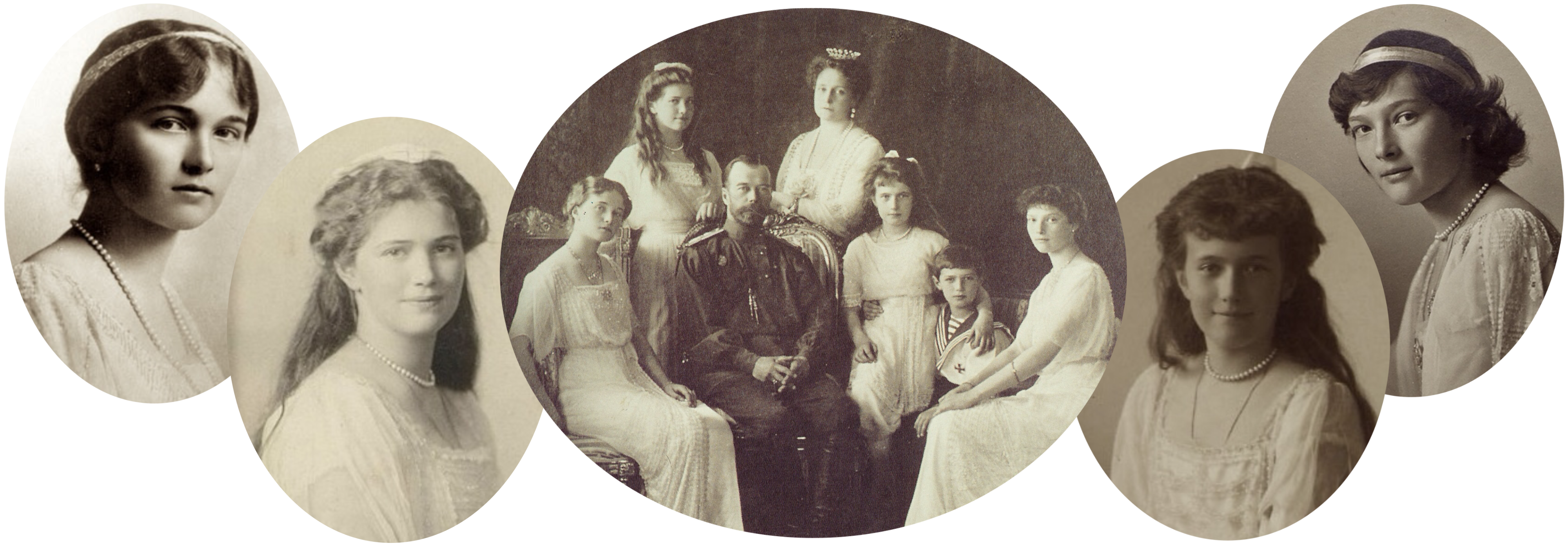 collage of Olga, Tatiana, Maria, and Anastasia surrounding a photo of the imperial family